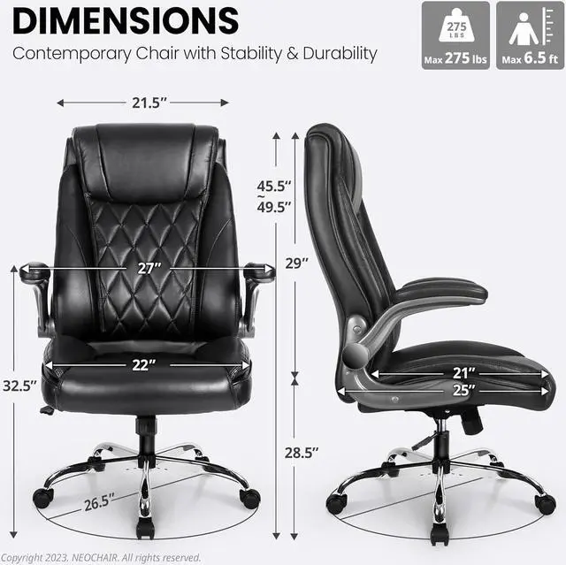 Alt view image 2 of 7 - NEO CHAIR Office Chair Computer High Back Adjustable Flip-up Armrests Ergonomic Desk Chair Executive Diamond-Stitched PU Leather Swivel Task Chair with Armrests Lumbar Support (Black)
