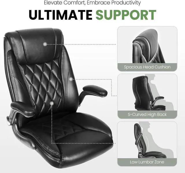 Alt view image 3 of 7 - NEO CHAIR Office Chair Computer High Back Adjustable Flip-up Armrests Ergonomic Desk Chair Executive Diamond-Stitched PU Leather Swivel Task Chair with Armrests Lumbar Support (Black)