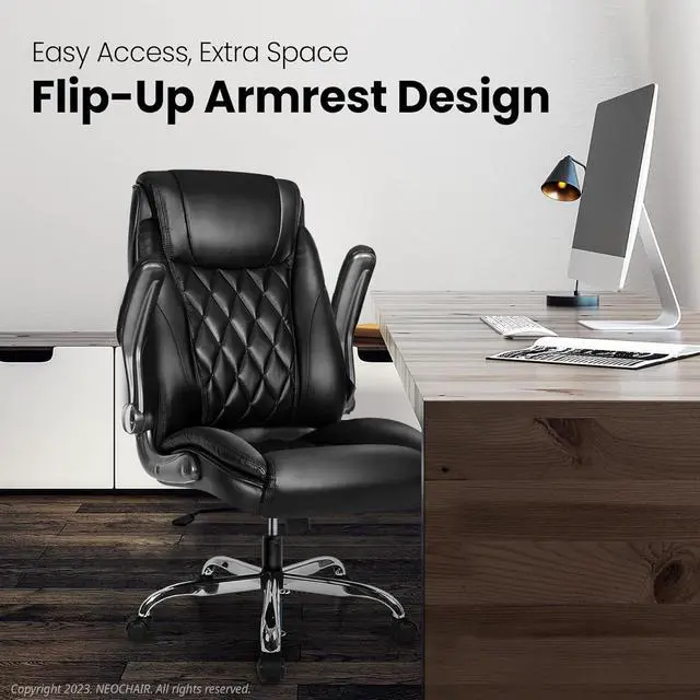 Alt view image 5 of 7 - NEO CHAIR Office Chair Computer High Back Adjustable Flip-up Armrests Ergonomic Desk Chair Executive Diamond-Stitched PU Leather Swivel Task Chair with Armrests Lumbar Support (Black)