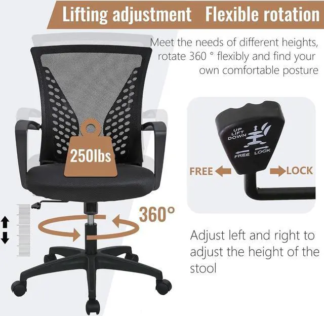 Alt view image 5 of 7 - Home Office Chair Mid Back PC Swivel Lumbar Support Adjustable Desk Task Computer Ergonomic Comfortable Mesh Chair with Armrest (Black)