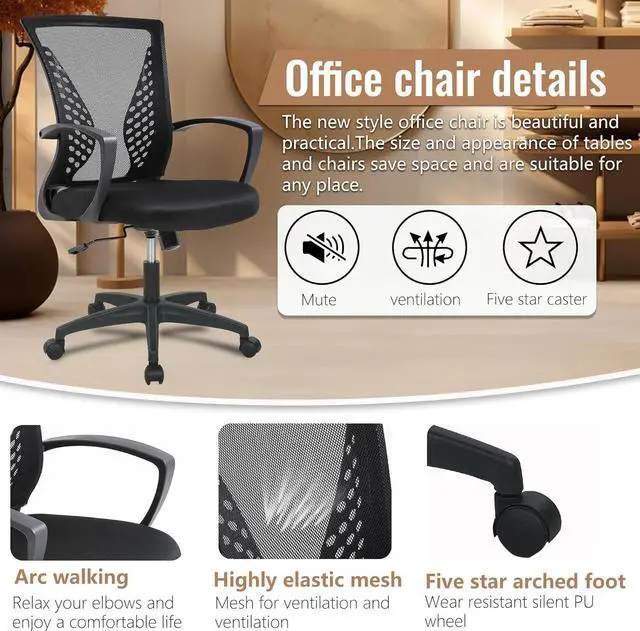 Alt view image 6 of 7 - Home Office Chair Mid Back PC Swivel Lumbar Support Adjustable Desk Task Computer Ergonomic Comfortable Mesh Chair with Armrest (Black)