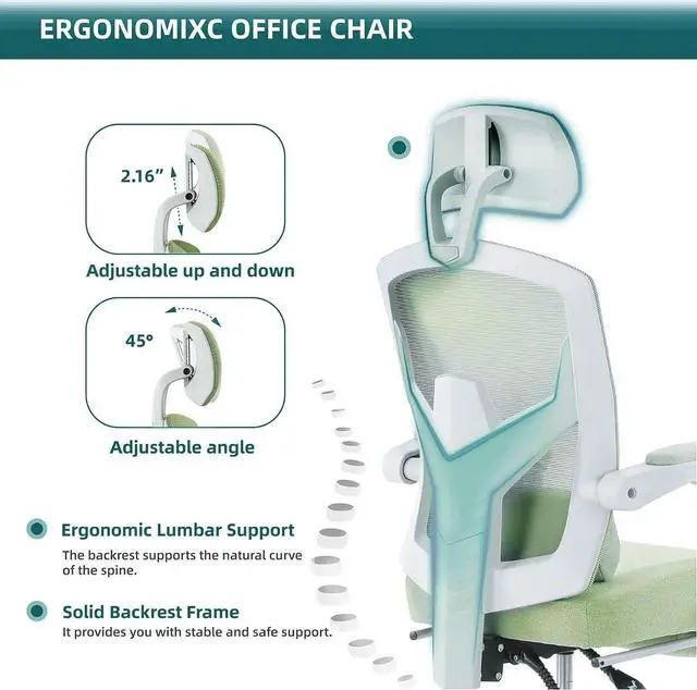 Alt view image 5 of 7 - Ergonomic Office Chair- Home Office Desk Chairs with Foot Rest, Adjustable High Back Computer Drafting Chair with Wheels