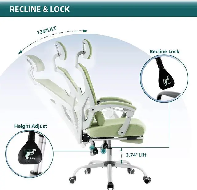 Alt view image 6 of 7 - Ergonomic Office Chair- Home Office Desk Chairs with Foot Rest, Adjustable High Back Computer Drafting Chair with Wheels