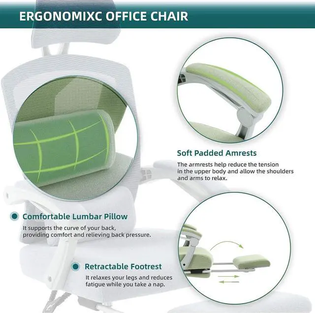 Alt view image 7 of 7 - Ergonomic Office Chair- Home Office Desk Chairs with Foot Rest, Adjustable High Back Computer Drafting Chair with Wheels