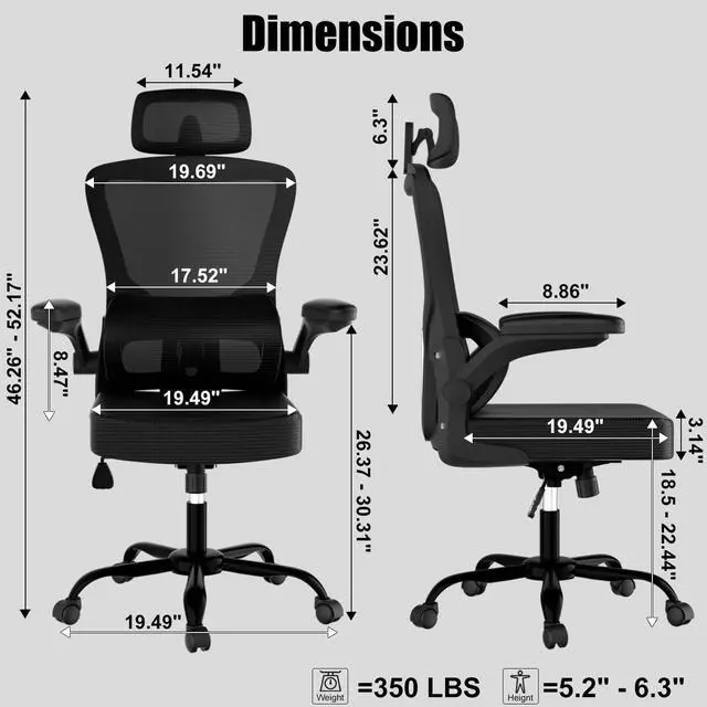 Alt view image 2 of 7 - Mesh Office Chair Ergonomic High Back Desk Chair with Lumbar Support, Flip-Up Arms, Adjustable Headrest, Tilt Function Swivel Task Chair for Home Office Black