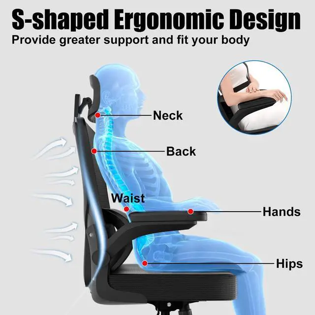 Alt view image 4 of 7 - Mesh Office Chair Ergonomic High Back Desk Chair with Lumbar Support, Flip-Up Arms, Adjustable Headrest, Tilt Function Swivel Task Chair for Home Office Black