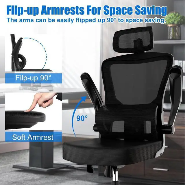 Alt view image 3 of 7 - Mesh Office Chair Ergonomic High Back Desk Chair with Lumbar Support, Flip-Up Arms, Adjustable Headrest, Tilt Function Swivel Task Chair for Home Office Black