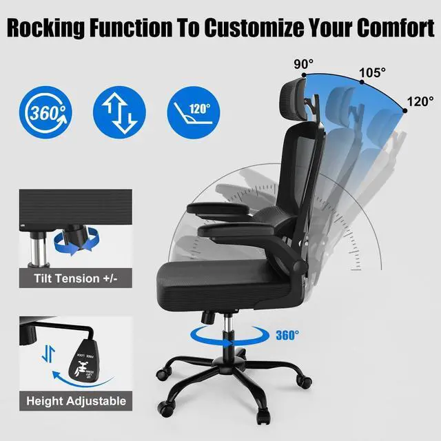 Alt view image 5 of 7 - Mesh Office Chair Ergonomic High Back Desk Chair with Lumbar Support, Flip-Up Arms, Adjustable Headrest, Tilt Function Swivel Task Chair for Home Office Black