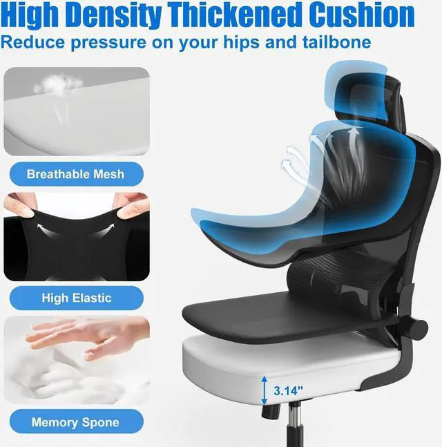 Alt view image 7 of 7 - Mesh Office Chair Ergonomic High Back Desk Chair with Lumbar Support, Flip-Up Arms, Adjustable Headrest, Tilt Function Swivel Task Chair for Home Office Black