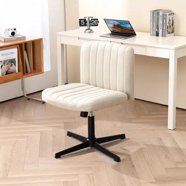 Alt view image 2 of 7 - Office Chair Fabric Padded Seat Armless Desk Chair Swivel Computer Task Chair Mid-Back No Wheels Accent Chair (Beige)