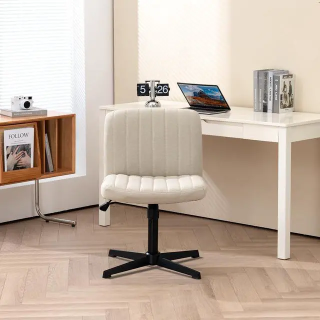 Alt view image 4 of 7 - Office Chair Fabric Padded Seat Armless Desk Chair Swivel Computer Task Chair Mid-Back No Wheels Accent Chair (Beige)