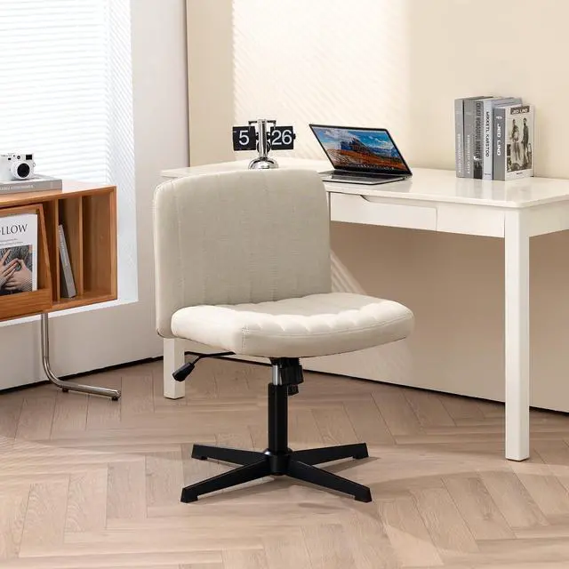 Alt view image 5 of 7 - Office Chair Fabric Padded Seat Armless Desk Chair Swivel Computer Task Chair Mid-Back No Wheels Accent Chair (Beige)