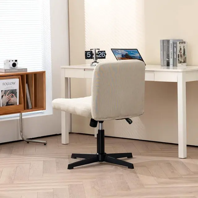 Alt view image 6 of 7 - Office Chair Fabric Padded Seat Armless Desk Chair Swivel Computer Task Chair Mid-Back No Wheels Accent Chair (Beige)