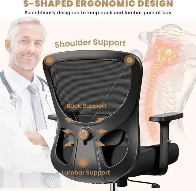 Alt view image 5 of 7 - Office Chair Ergonomic Desk Chair with Adjustable Lumbar Support, Swivel Comfy Computer Chair Heavy Duty Executive Chair for Home Office