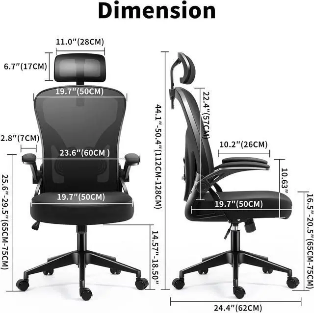 Alt view image 2 of 7 - Office Chair,Ergonomic Desk Chair with Adjustable Headrest and Lumbar Support,High Back Mesh Computer Chair with Padded Flip-up Armrests,Swivel Task Chair,Tilt Function,Black
