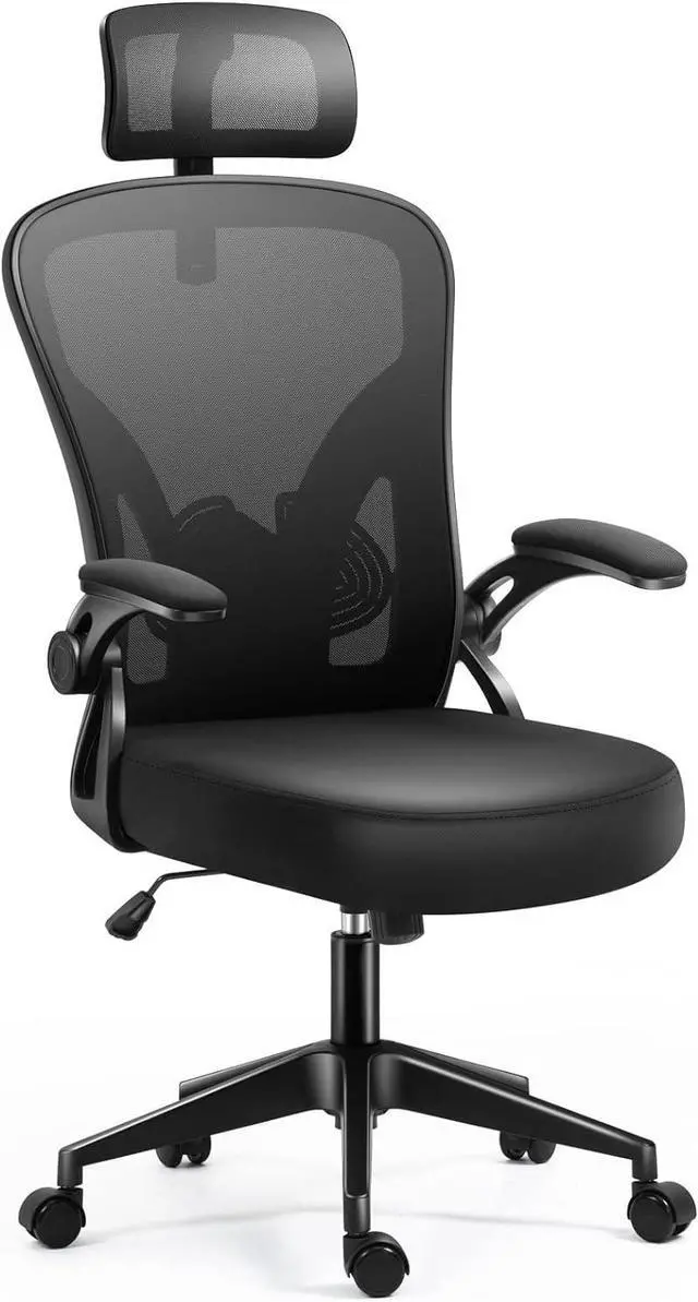 Alt view image 3 of 7 - Office Chair,Ergonomic Desk Chair with Adjustable Headrest and Lumbar Support,High Back Mesh Computer Chair with Padded Flip-up Armrests,Swivel Task Chair,Tilt Function,Black