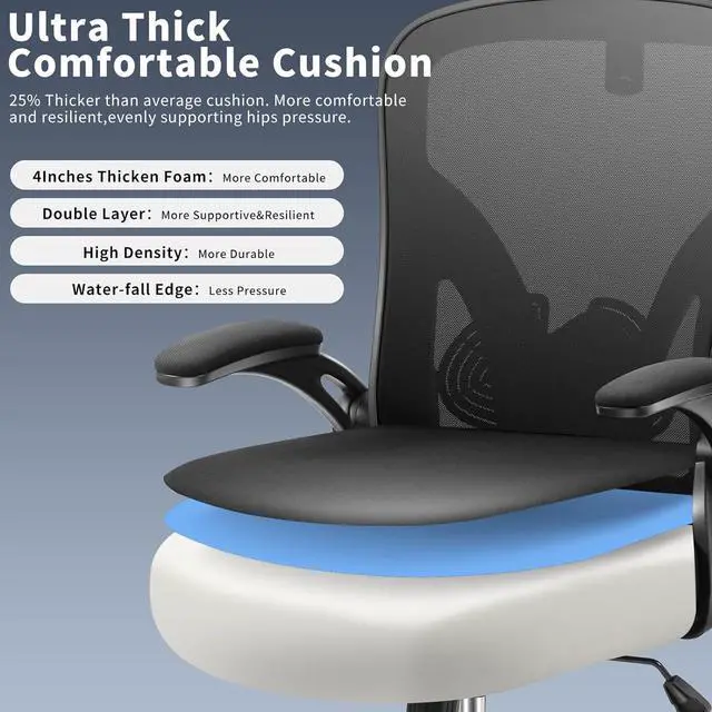 Alt view image 4 of 7 - Office Chair,Ergonomic Desk Chair with Adjustable Headrest and Lumbar Support,High Back Mesh Computer Chair with Padded Flip-up Armrests,Swivel Task Chair,Tilt Function,Black