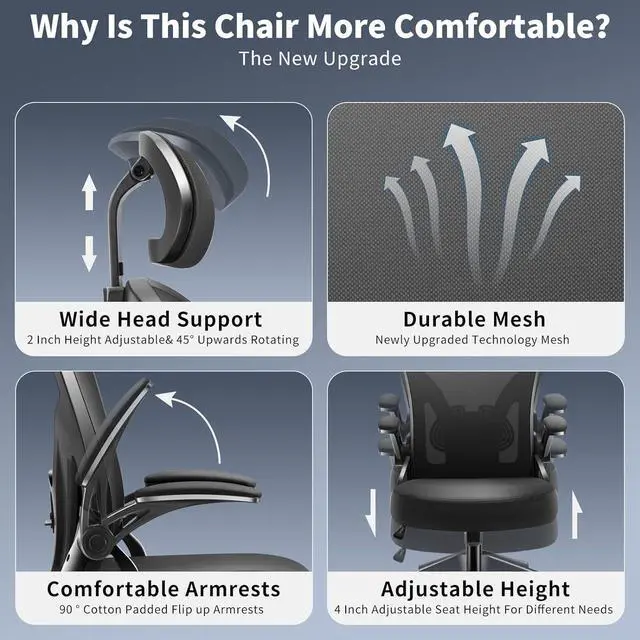 Alt view image 5 of 7 - Office Chair,Ergonomic Desk Chair with Adjustable Headrest and Lumbar Support,High Back Mesh Computer Chair with Padded Flip-up Armrests,Swivel Task Chair,Tilt Function,Black