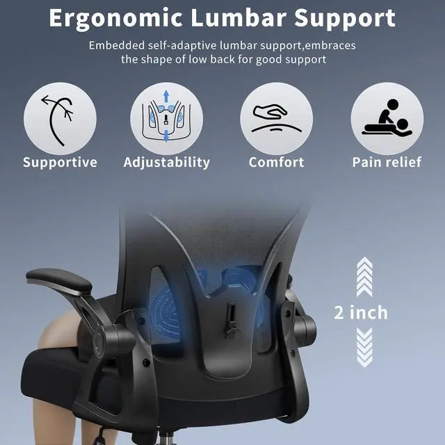 Alt view image 6 of 7 - Office Chair,Ergonomic Desk Chair with Adjustable Headrest and Lumbar Support,High Back Mesh Computer Chair with Padded Flip-up Armrests,Swivel Task Chair,Tilt Function,Black
