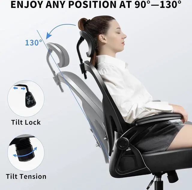 Alt view image 7 of 7 - Office Chair,Ergonomic Desk Chair with Adjustable Headrest and Lumbar Support,High Back Mesh Computer Chair with Padded Flip-up Armrests,Swivel Task Chair,Tilt Function,Black