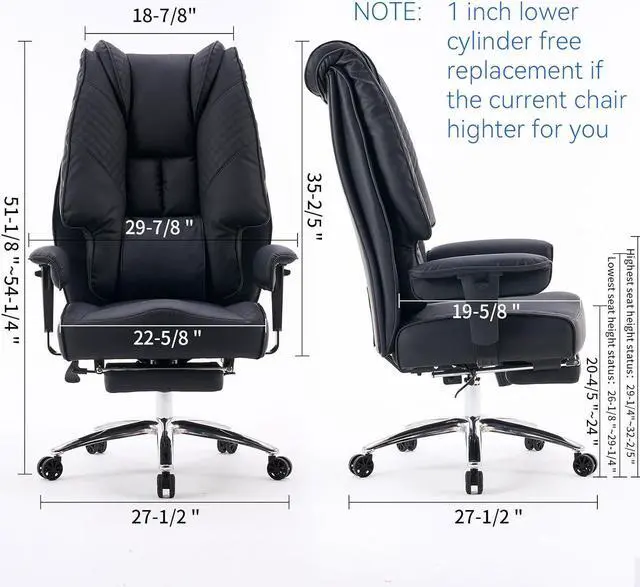 Alt view image 2 of 7 - Big and Tall Office Chair 400lbs Wide Seat, Leather High Back Executive Office Chair with Foot Rest, Ergonomic Office Chair Lumbar Support for Lower Back Pain Relief (Black)
