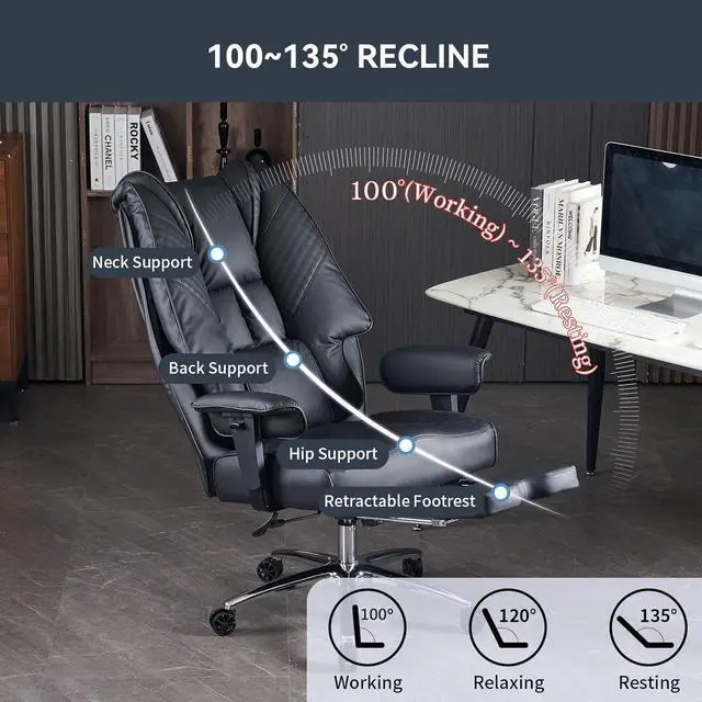 Alt view image 5 of 7 - Big and Tall Office Chair 400lbs Wide Seat, Leather High Back Executive Office Chair with Foot Rest, Ergonomic Office Chair Lumbar Support for Lower Back Pain Relief (Black)