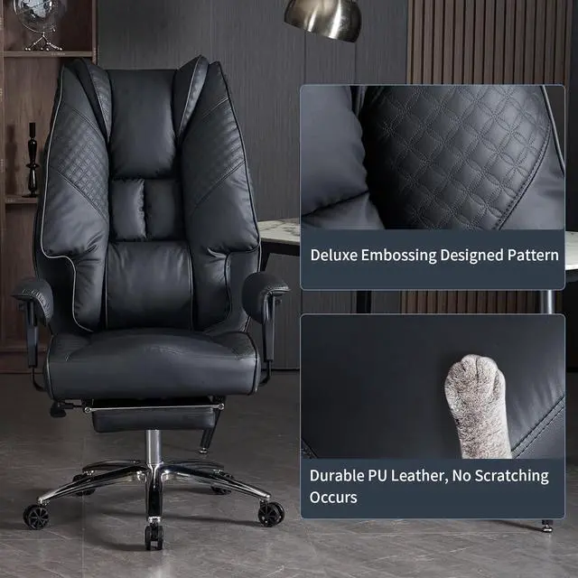 Alt view image 7 of 7 - Big and Tall Office Chair 400lbs Wide Seat, Leather High Back Executive Office Chair with Foot Rest, Ergonomic Office Chair Lumbar Support for Lower Back Pain Relief (Black)