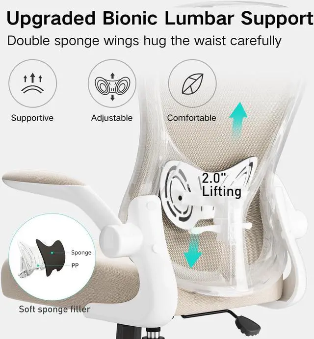 Alt view image 5 of 7 - Hbada Office Chair Ergonomic Desk Chair, Office Desk Chairs with PU Silent Wheels, Breathable Mesh Computer Chair with Adjustable Lumbar Support, Flip-up Armrests, Tilt Function, Grey