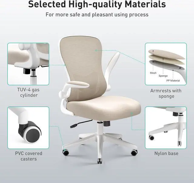 Alt view image 7 of 7 - Hbada Office Chair Ergonomic Desk Chair, Office Desk Chairs with PU Silent Wheels, Breathable Mesh Computer Chair with Adjustable Lumbar Support, Flip-up Armrests, Tilt Function, Grey