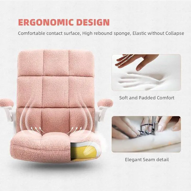 Alt view image 6 of 7 - Pink Office Chair Home Office Desk Chairs with Flip-up Armrest, Rolling Desk Chair with Wheels, Faux Fur Computer Chairs Adjustable Backward Tilt