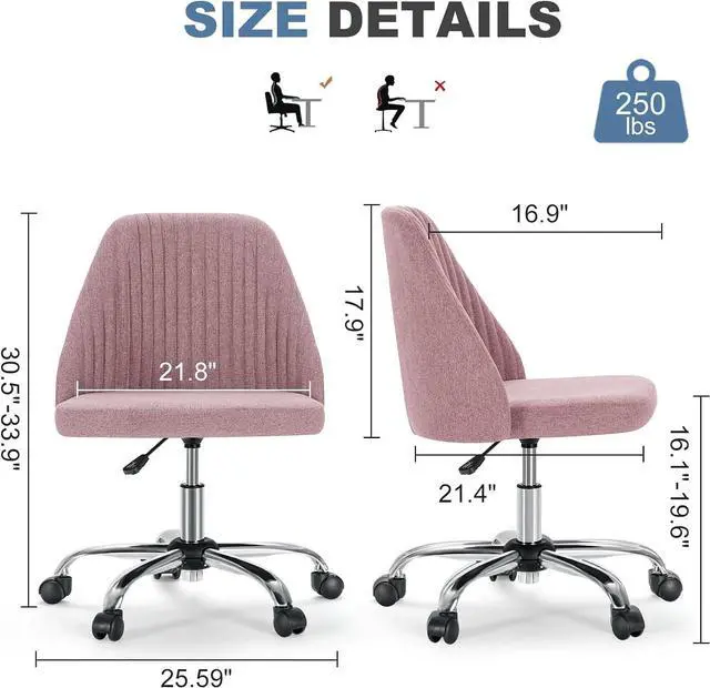 Alt view image 2 of 7 - Office Desk Chair, Small Cute Mid Century Modern Vanity Swivel Task Chairs with Wheels, Comfortable Back, Armless for Home, Bedrooms, Office, Study, Student, Dressing Room, Pink
