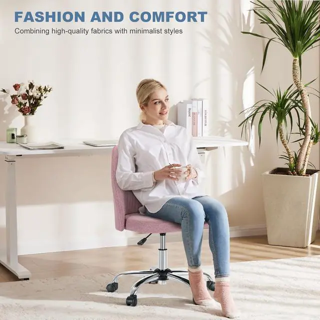 Alt view image 3 of 7 - Office Desk Chair, Small Cute Mid Century Modern Vanity Swivel Task Chairs with Wheels, Comfortable Back, Armless for Home, Bedrooms, Office, Study, Student, Dressing Room, Pink