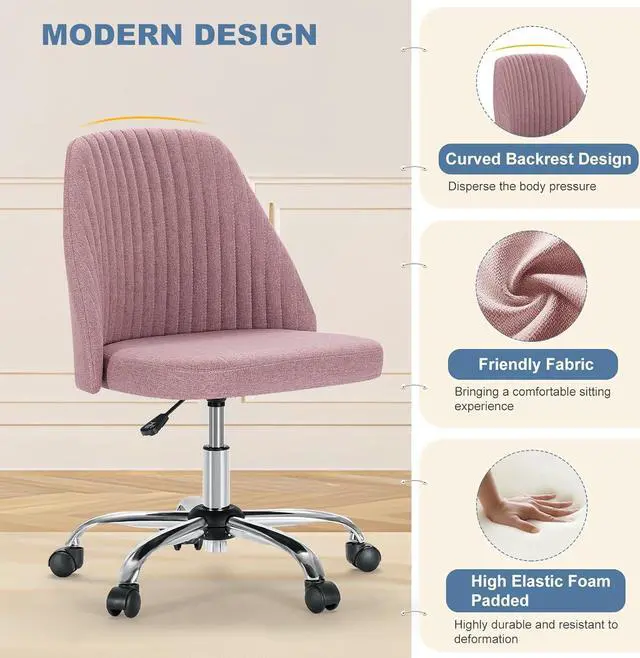 Alt view image 4 of 7 - Office Desk Chair, Small Cute Mid Century Modern Vanity Swivel Task Chairs with Wheels, Comfortable Back, Armless for Home, Bedrooms, Office, Study, Student, Dressing Room, Pink