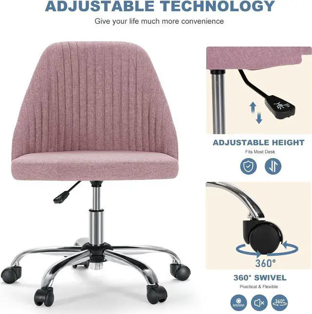 Alt view image 5 of 7 - Office Desk Chair, Small Cute Mid Century Modern Vanity Swivel Task Chairs with Wheels, Comfortable Back, Armless for Home, Bedrooms, Office, Study, Student, Dressing Room, Pink