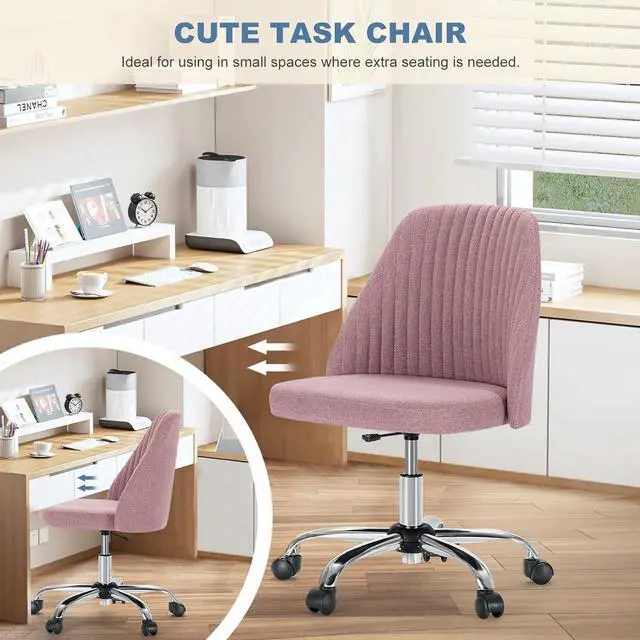 Alt view image 6 of 7 - Office Desk Chair, Small Cute Mid Century Modern Vanity Swivel Task Chairs with Wheels, Comfortable Back, Armless for Home, Bedrooms, Office, Study, Student, Dressing Room, Pink