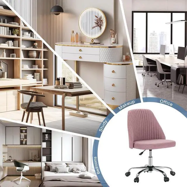 Alt view image 7 of 7 - Office Desk Chair, Small Cute Mid Century Modern Vanity Swivel Task Chairs with Wheels, Comfortable Back, Armless for Home, Bedrooms, Office, Study, Student, Dressing Room, Pink