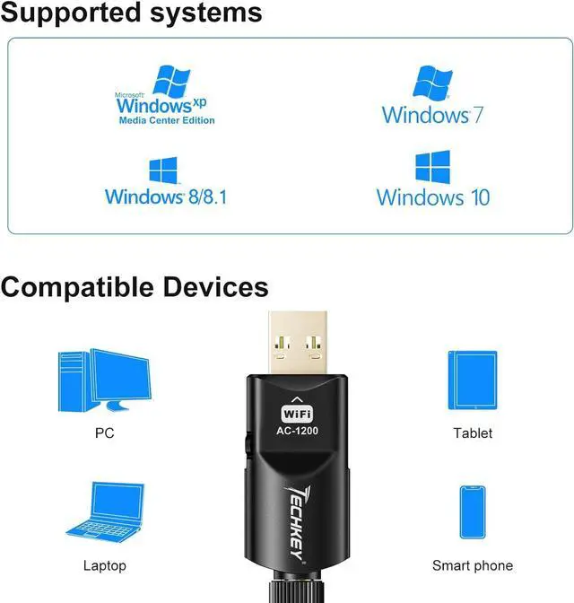 Alt view image 4 of 7 - USB WiFi Adapter 1200Mbps Techkey USB 3.0 WiFi Dongle 802.11 ac Wireless Network Adapter with Dual Band 2.42GHz/300Mbps 5.8GHz/866Mbps 5dBi High Gain Antenna for Desktop Windows XP/Vista / 7-10