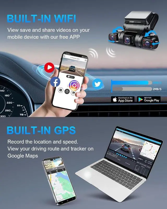 Alt view image 7 of 7 - 360 Degree View 4 Channel Dash Cam Front and Rear Inside Left Right, Dash Camera for Cars, Built-in GPS WiFi Night Vision, 24/7 Recording Parking Mode Monitor, Free 128G Card