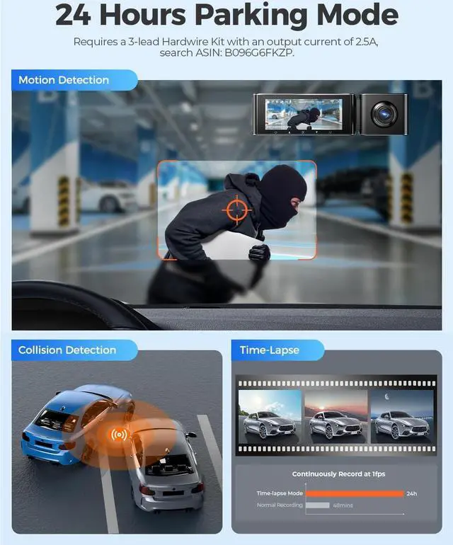 Alt view image 6 of 7 - M550 4K WiFi 3 Channel On Dash Cam, Dual Front and Rear for Car 4K+1080P Free 64GB Card, Built-in GPS 24H Parking Mode IR Night Vision WDR 3.19" IPS, Max up Support to 256GB, Easy to Install