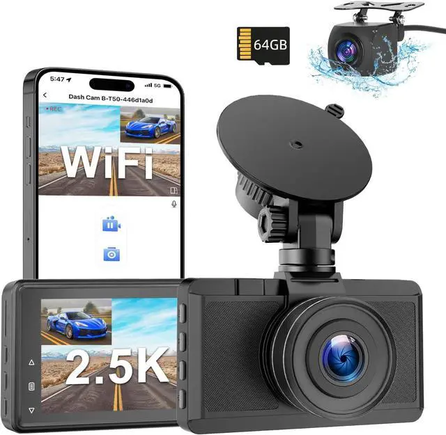 Main image of Dash Cam Front and Rear Camera, Otovoda 3Inch Screen WiFi Dash cam, 2.5K+1080P Dash Camera for Cars, Dashboard Camera with Free 64GB SD Card, Type-C Port, Parking Monitor, Super Night Vision