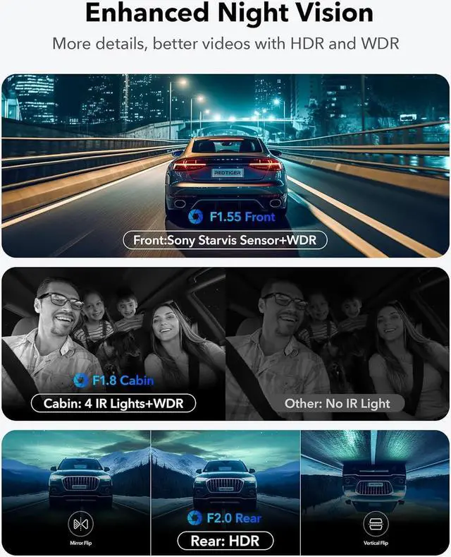 Alt view image 3 of 7 - 4K 3 Channel Dash Cam 5G WiFi Built-in GPS, Free 64GB Card, 2160P+1080P+1080P Front and Rear Inside Loop Recording, Triple Car Camera with 3 Inch Screen, IR Night Vision, WDR, Parking Mode