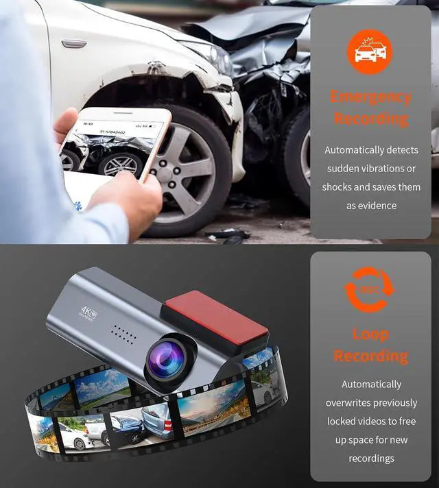 Alt view image 6 of 7 - Dash Cam 4K Front Dash Camera for Cars 2160P WiFi Dashcam with APP 24 Hours Parking Mode WDR Free 32G Card G-Sensor Loop Recording Night Vision