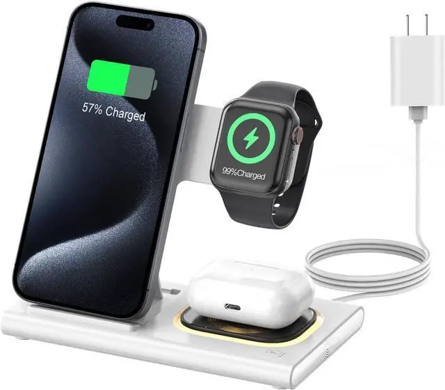 Main image of 3 in 1 Foldable Charging Station for Apple Products,Fast Wireless Charger Travel Dock Adapter&Light for iPhone 16/15/14/13/12/11/X/XS,for iWatch 10/9/8/7/Ultra2/Ultra/SE,for AirPods 4/3/2/Pro/2(White)