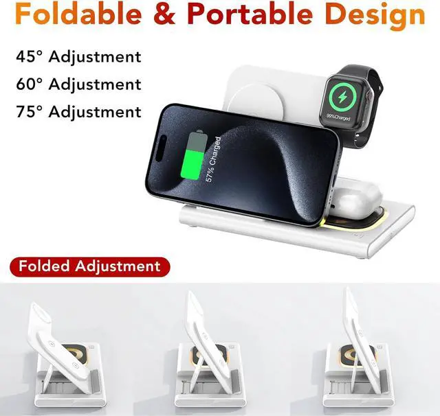 Alt view image 4 of 7 - 3 in 1 Foldable Charging Station for Apple Products,Fast Wireless Charger Travel Dock Adapter&Light for iPhone 15/14/13/12/11/X/XS/XR 8,iWatch Ultra2/9/Ultra/8/7/6/SE/5/4/3,Air Pods 3/2/Pro/2 (White)