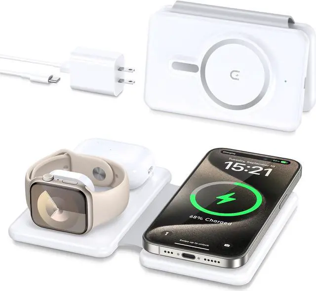 Main image of Magnetic Wireless Charger for iPhone: 3 in 1 Travel Charging Station for Apple Devices for iPhone 15 14 13 12 Pro Max Plus - Foldable Charging Pad for Apple Watch Series & Airpods 3 2 Pro