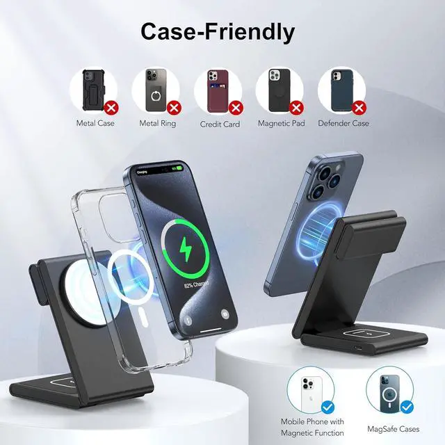 Alt view image 5 of 7 - 3 in 1 Wireless Charging Station for Multiple Devices, Fast Foldable Travel Mag-Safe Stand for iPhone 15 14 13 12 Pro Max/Plus/Pro/Mini, Magnetic Charger for Apple Watch/AirPods Pro with 20W Adapter