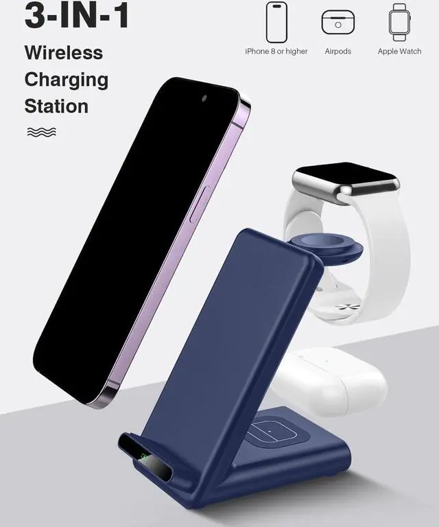 Alt view image 2 of 7 - Wireless Charging Station,3 in 1 Wireless Charging Stand Made for Apple Watch Ultra 9 8 7 6 SE 5 4 3,Fast Wireless Charger Made for iPhone 15/Plus/Pro Max/14/13/12/11/X,for AirPods Pro(with Adapter)