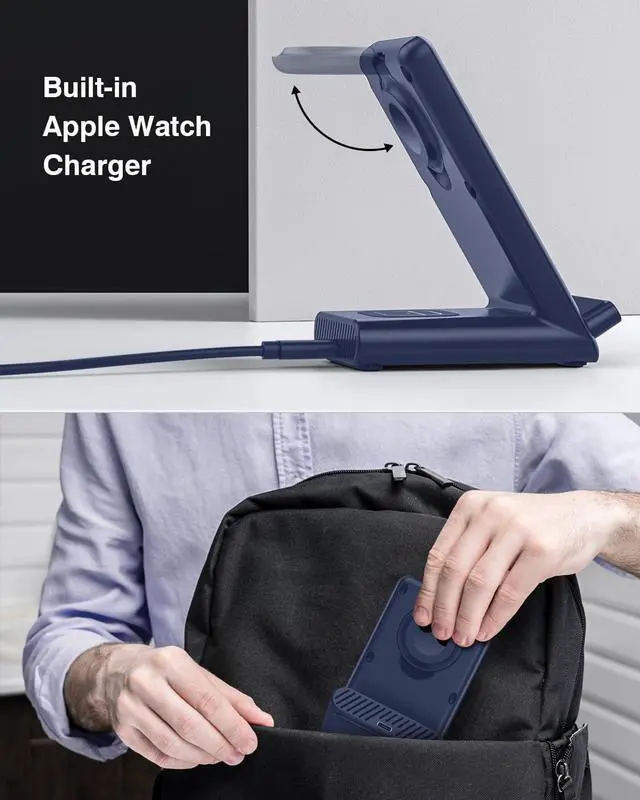 Alt view image 3 of 7 - Wireless Charging Station,3 in 1 Wireless Charging Stand Made for Apple Watch Ultra 9 8 7 6 SE 5 4 3,Fast Wireless Charger Made for iPhone 15/Plus/Pro Max/14/13/12/11/X,for AirPods Pro(with Adapter)