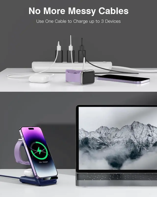 Alt view image 7 of 7 - Wireless Charging Station,3 in 1 Wireless Charging Stand Made for Apple Watch Ultra 9 8 7 6 SE 5 4 3,Fast Wireless Charger Made for iPhone 15/Plus/Pro Max/14/13/12/11/X,for AirPods Pro(with Adapter)