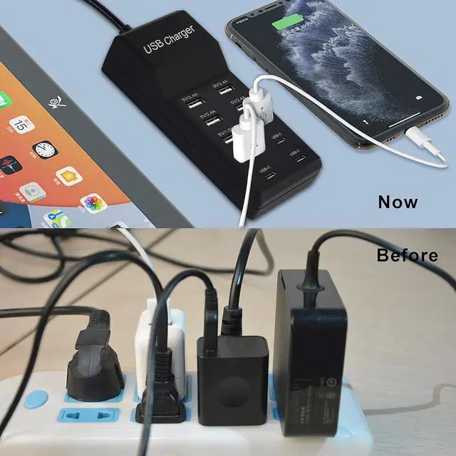 Alt view image 2 of 7 - Wyssay USB Charger,5V 10A(50W) USB Charging Station with 10-Port (6 USB-A Port & 4 USB-C Port) Compatible with iPhone 15/14/13/12/11/X/8/7/6 Phones, Watch,Tablets, Smartphones Black